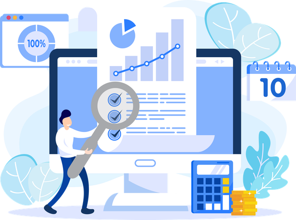 Joven haciendo investigación financiera  Ilustración