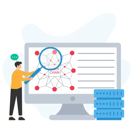 Joven haciendo investigación sobre blockchain  Ilustración