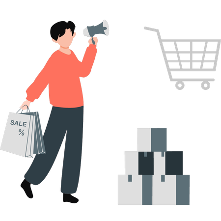 Joven haciendo marketing de compras en línea  Ilustración