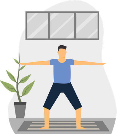 Joven haciendo trikonasana en la habitación  Ilustración