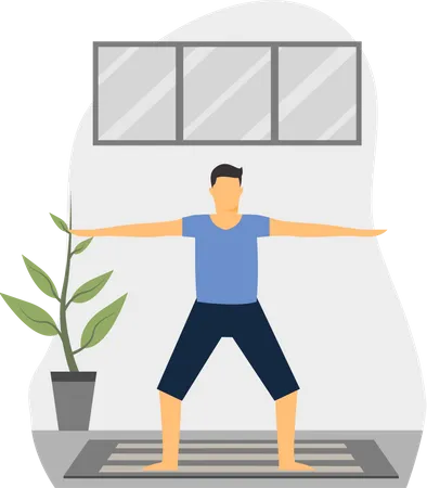 Joven haciendo trikonasana en la habitación  Ilustración