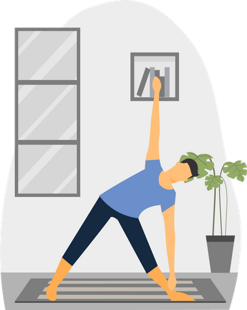 Joven haciendo Trikonasana en el salón  Ilustración