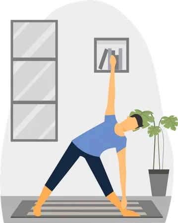 Joven haciendo Trikonasana en el salón  Ilustración