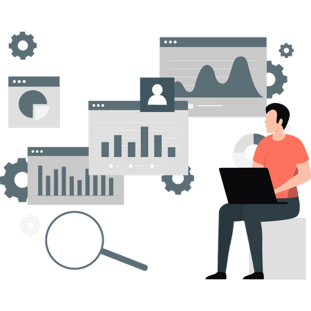 Joven haciendo una investigación sobre un gráfico empresarial  Ilustración