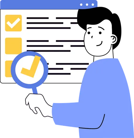 Joven haciendo una marca de verificación en línea en una lista  Ilustración