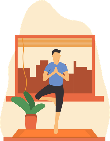 Joven haciendo yoga Vrikshasana en la habitación  Ilustración