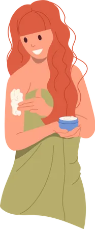 Mujer hermosa joven envuelta en una toalla aplicando crema corporal usando cosméticos después de la ducha  Ilustración