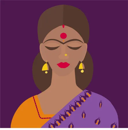 Joven hermosa mujer india estilo caricatura con ropa tradicional sari y dupatta  Ilustración