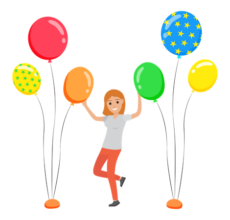 Hermosa joven bailando entre globos  Ilustración