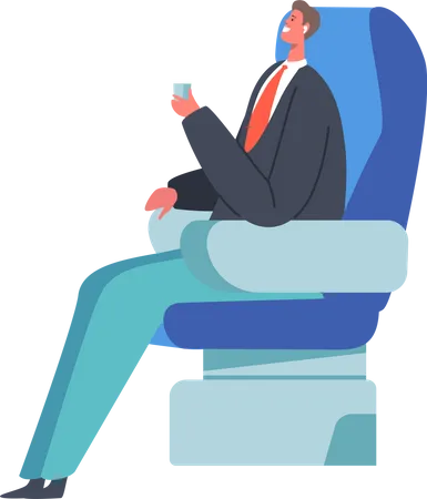 Joven hombre de negocios sentado en un cómodo asiento de avión y bebiendo bebidas  Ilustración
