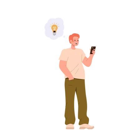 Un joven inspirado sosteniendo un teléfono móvil mirando la pantalla y teniendo una idea brillante para el inicio  Ilustración