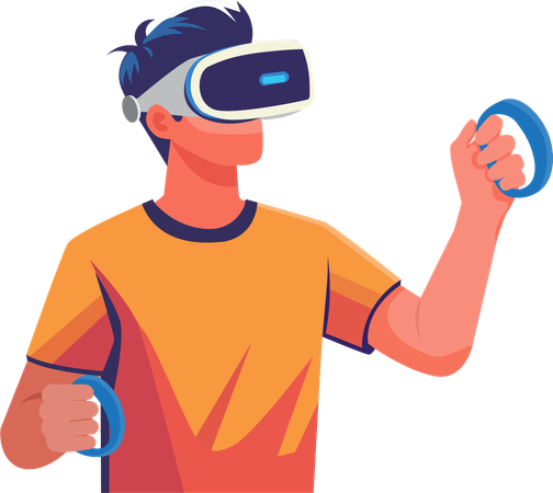 Joven jugando con gafas de realidad virtual y sosteniendo el controlador con ambas manos  Ilustración