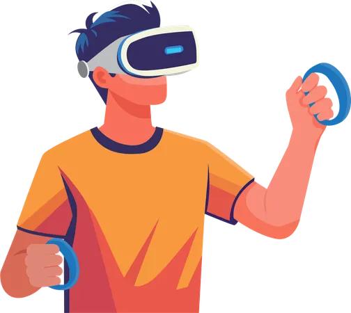 Joven jugando con gafas de realidad virtual y sosteniendo el controlador con ambas manos  Ilustración