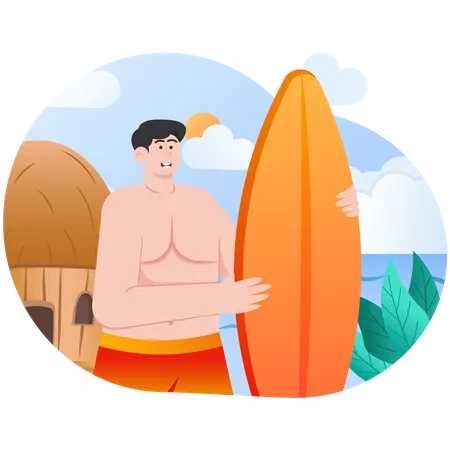 Joven jugando surf en vacaciones de verano  Ilustración