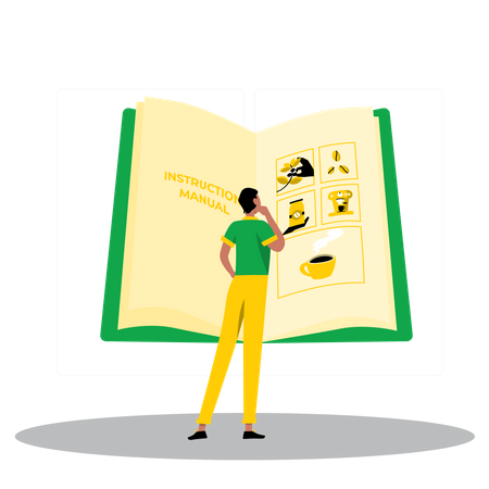 Joven leyendo manual de instrucciones de cafeína  Ilustración