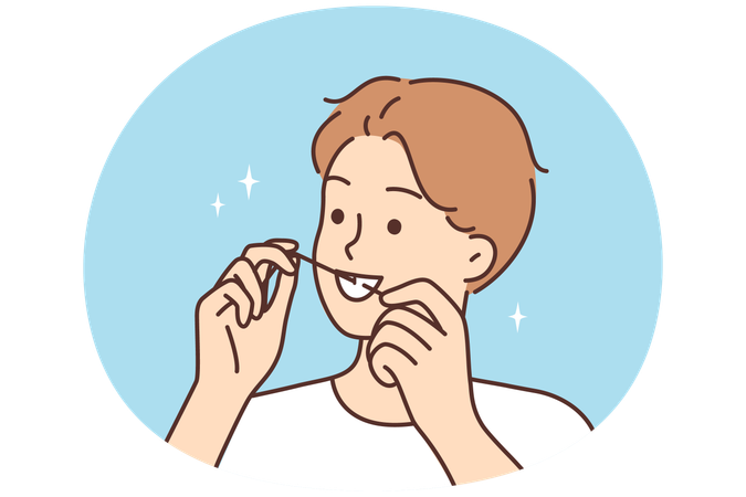 Joven limpiándose los dientes con hilo dental  Illustration