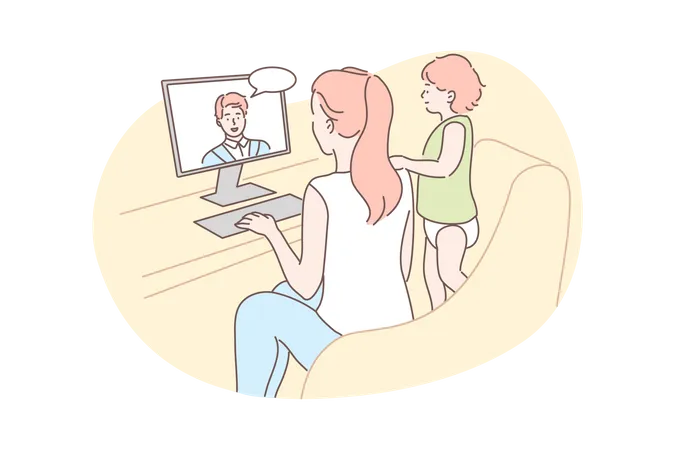 La joven madre con su hija se comunica charlando con su padre en línea.  Ilustración