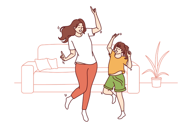 Madre joven e hija adolescente disfrutando bailando juntas  Ilustración
