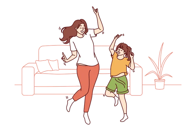 Madre joven e hija adolescente disfrutando bailando juntas  Ilustración