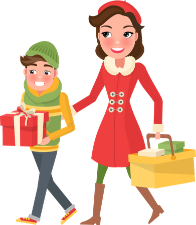 Mamá y niño jóvenes haciendo compras navideñas  Ilustración