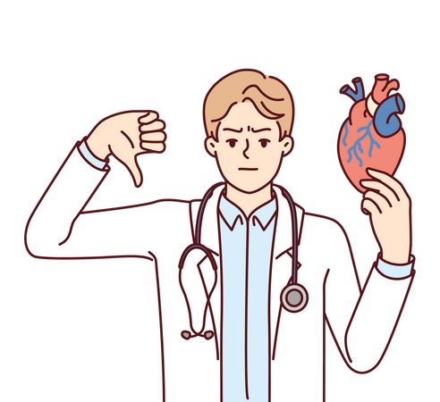 Médico joven para enfermedades cardíacas mostrando el pulgar hacia abajo recomendando tomar medicamentos  Ilustración