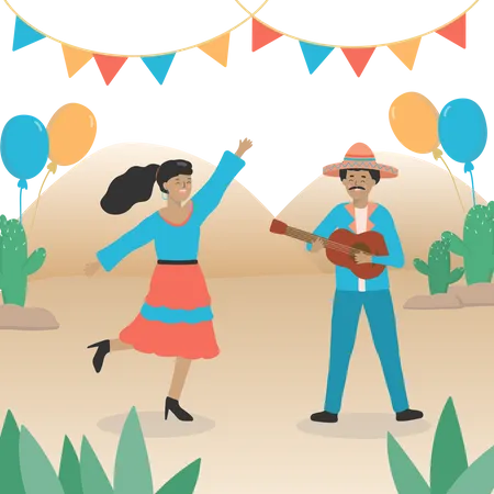 Joven mexicano tocando la guitarra y mujer bailando  Ilustración