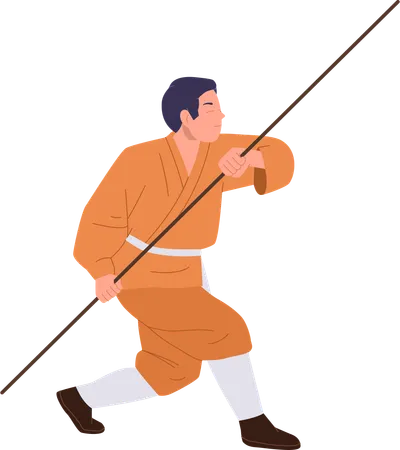 Joven monje shaolin ejerciendo lucha de kung fu con palo de madera  Ilustración