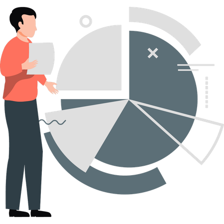 Hombre joven mostrando diferentes partes de un gráfico circular  Ilustración