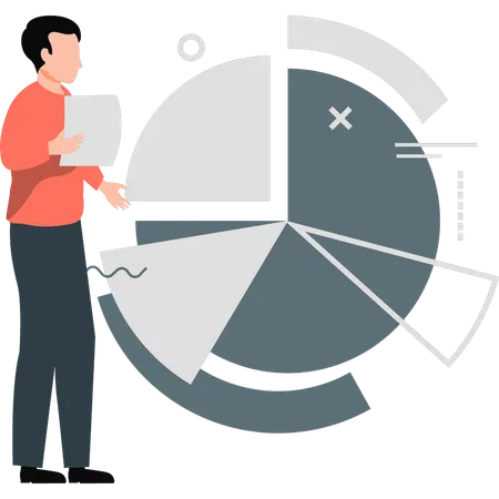 Hombre joven mostrando diferentes partes de un gráfico circular  Ilustración