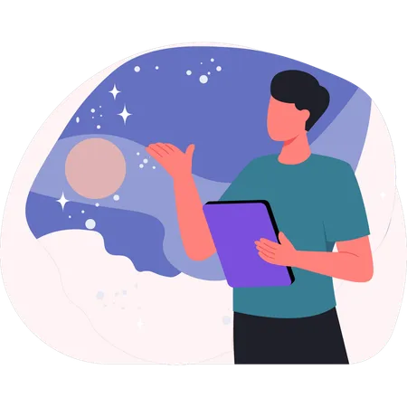 Hombre joven mostrando la luna de noche  Ilustración