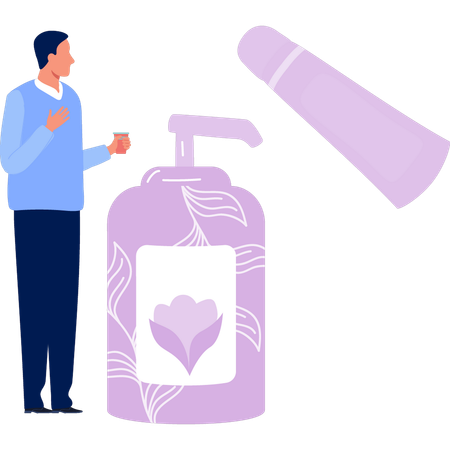 Hombre joven mostrando una botella de jabón de manos  Ilustración
