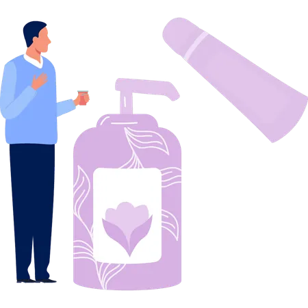 Hombre joven mostrando una botella de jabón de manos  Ilustración