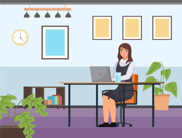 Una joven mujer de negocios en el escritorio está trabajando en una computadora portátil en el espacio de oficina  Ilustración