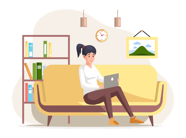 La mujer de negocios joven está trabajando en la computadora portátil  Ilustración