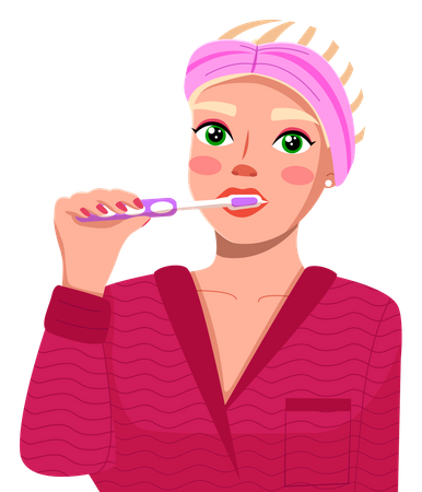 Mujer rubia caucásica joven cepillándose los dientes  Ilustración