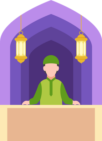 Joven musulmán de pie en la mezquita  Ilustración