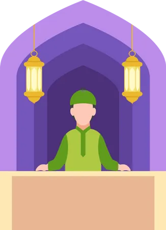 Joven musulmán de pie en la mezquita  Ilustración
