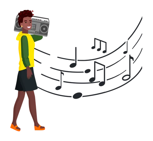 Joven negra escuchando música en boombox  Ilustración