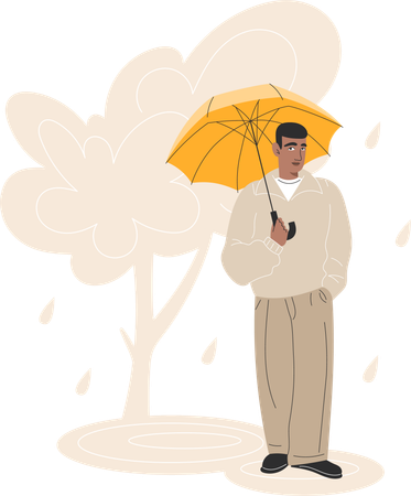 Joven negro de pie con paraguas en otoño lluvioso  Ilustración