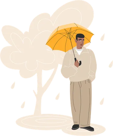 Joven negro de pie con paraguas en otoño lluvioso  Ilustración