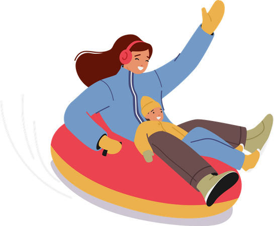 Joven feliz deslizándose en Snow Tubing divirtiéndose en las vacaciones de invierno  Ilustración