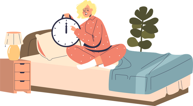 Una joven insomne sentada en la cama sufriendo de insomnio  Ilustración