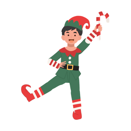 Joven duende navideño con bastón de caramelo  Ilustración