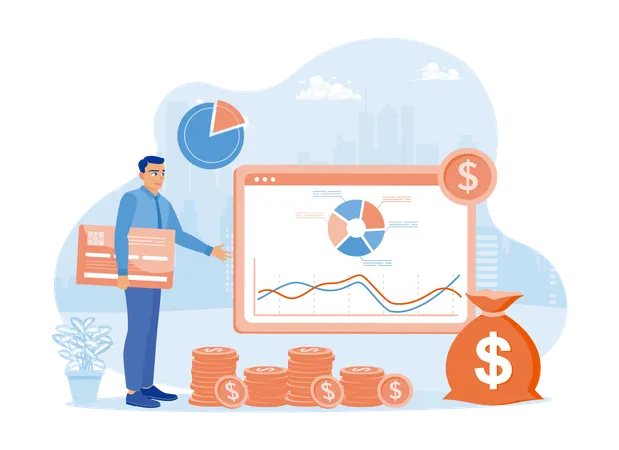 Joven observa sus datos gráficos financieros y el movimiento de ingresos y gastos  Ilustración