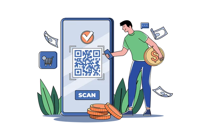 Hombre joven paga factura de compras mediante escaneo de código QR  Ilustración