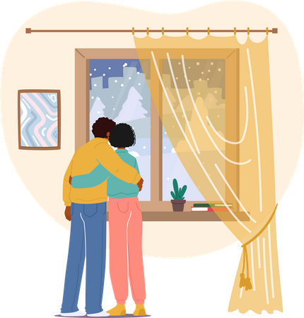Joven pareja amorosa parada en la ventana abrazándose y mirando a través de los copos de nieve que caen en el día de invierno  Ilustración