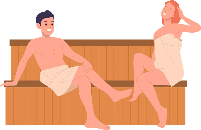 Joven pareja amorosa teniendo una agradable conversación humeante en sauna seca  Ilustración