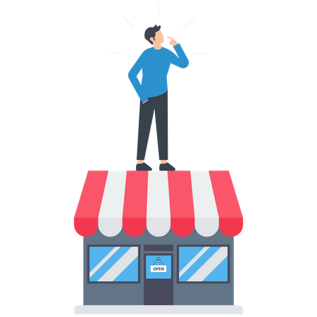 Joven pensando en abrir una nueva tienda  Ilustración