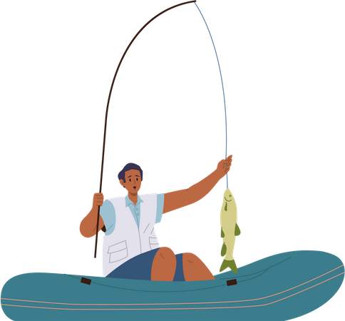 Joven pescador sorprendido capturando peces en caña mientras pescaba en barco  Ilustración