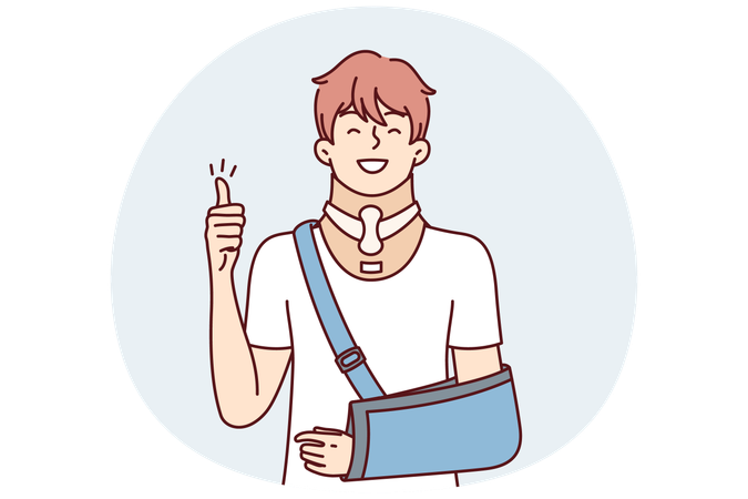 Un joven positivo con un brazo roto y un collar ortopédico muestra el pulgar hacia arriba  Ilustración